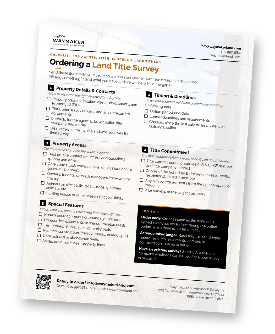 Preview of Waymaker's free 1-page survey ordering checklist for agents.
